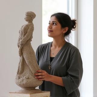 Rhea Chopra, Visual Artist with her sculpture